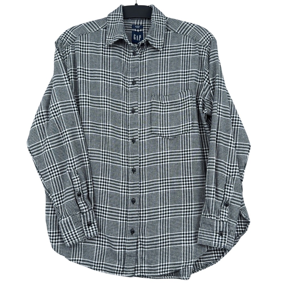 Gap Big Shirt Flannel Womens XS 100% Cotton Black White Houndstooth Plaid‎